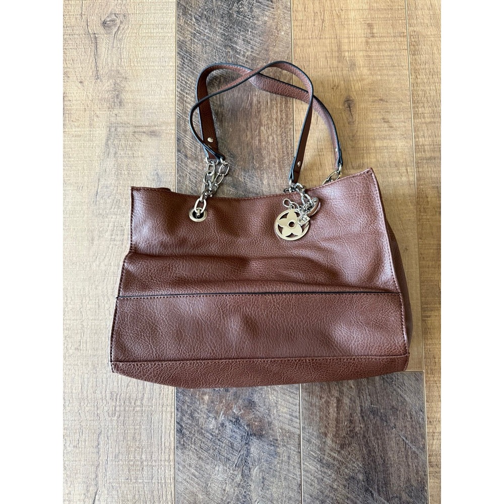 Bueno Brown Pebbled Vegan Leather Shoulder Bag Tote Silver Chain Hardware Flower